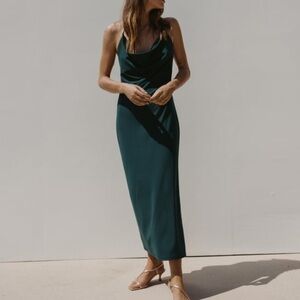 Zara Forest Green Draped Cowl Neck Satin Midi Dress Size Small